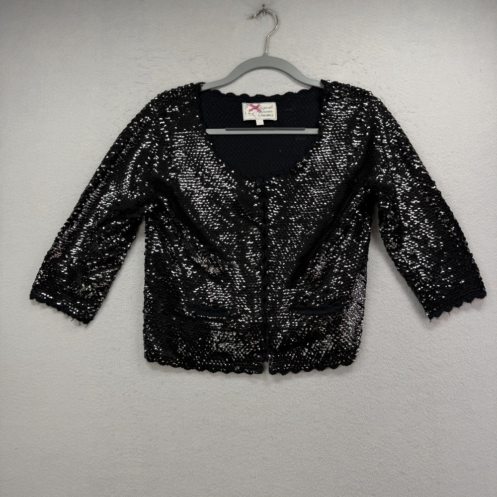 Yoana Baraschi Sequin Cardigan Sweater Womens Small S Black‎ Knit 3/4 Sleeve Top